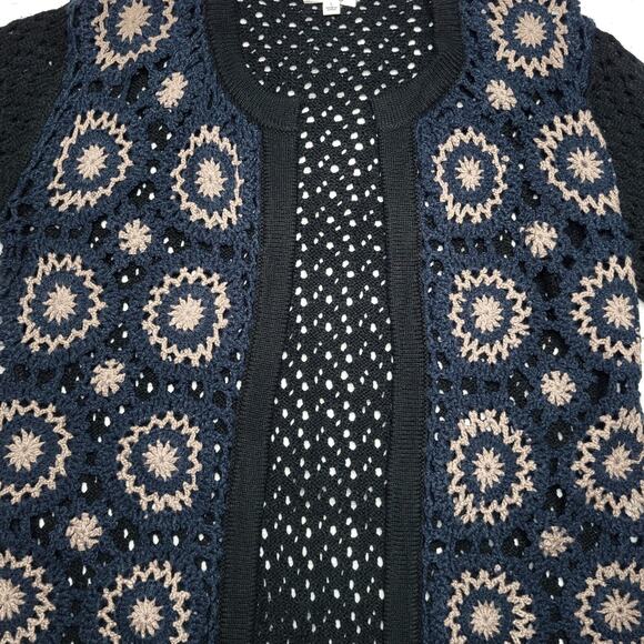 B Sharp Y2K Crochet Open Knit Cardigan Black Blue Geometric Mohair Large - Picture 4 of 8